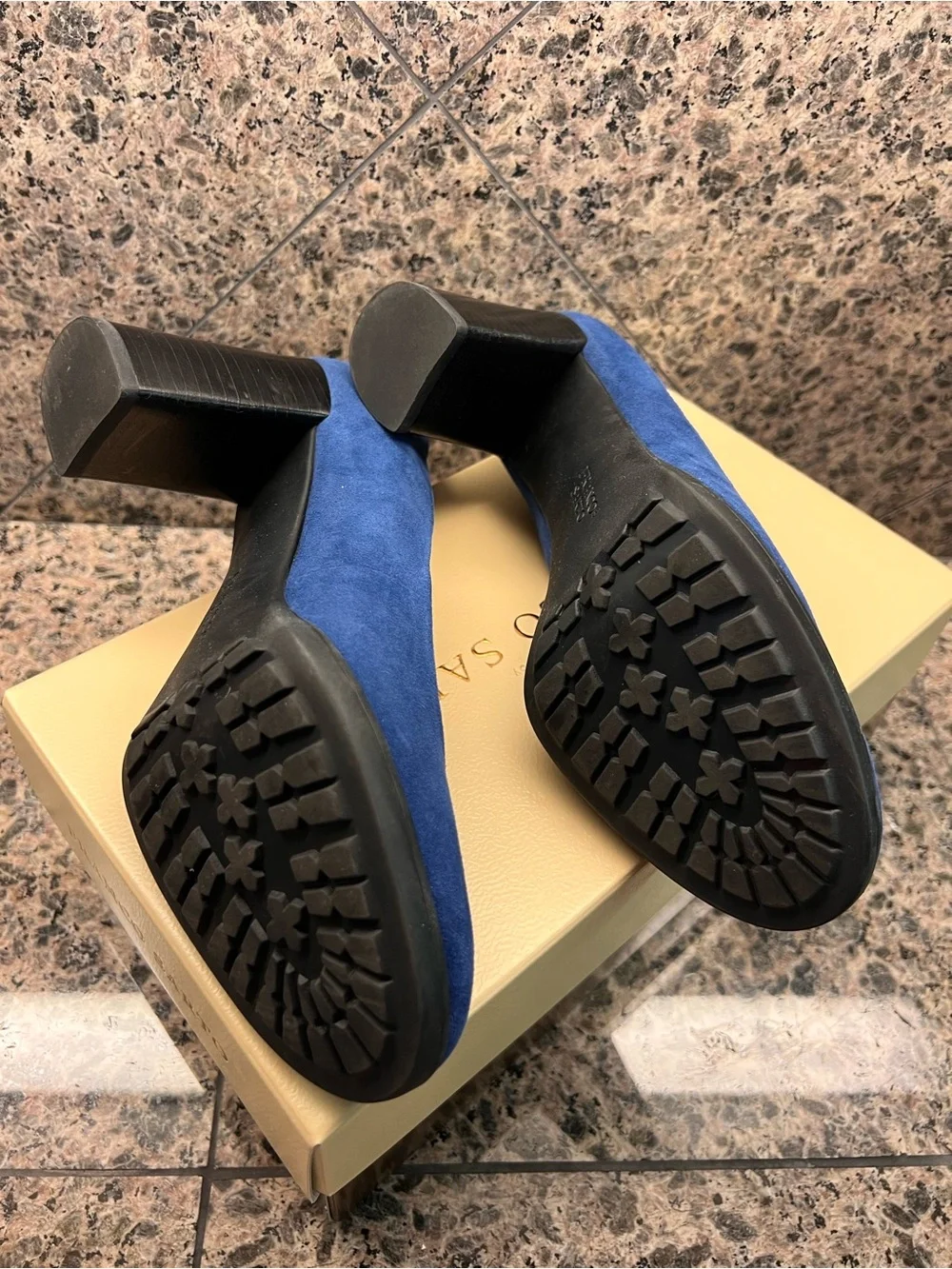 Franco Sarto Blue Suede Block Rounded Toe Heel Pumps